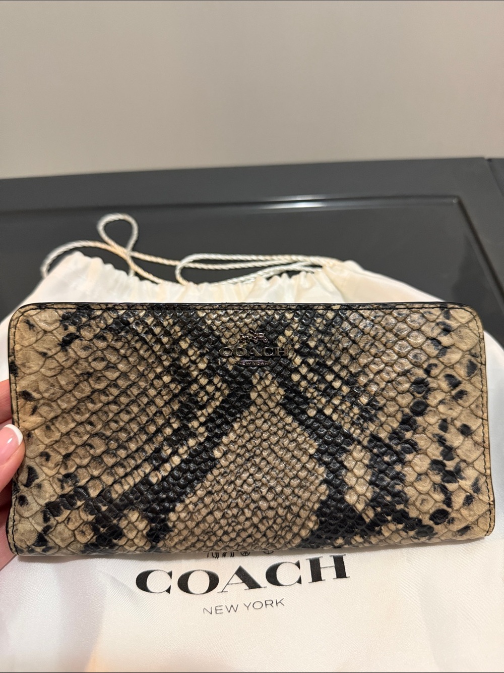 Coach Snake-Textured Zip Wallet in Beige and Black